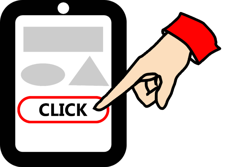 device with hand pointing to the word click