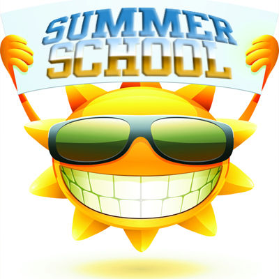 Cartoon sun smiling and holding Summer School Banner